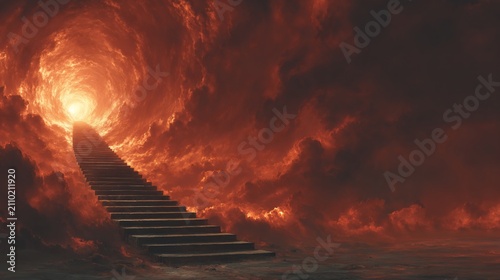 Stairway to heaven or hell: An ethereal staircase ascends through fiery clouds