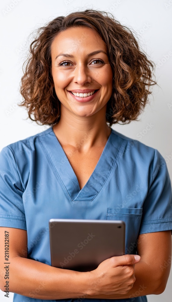 Obraz premium Nurse team leader in blue scrubs holding blank tablet against clinic wall