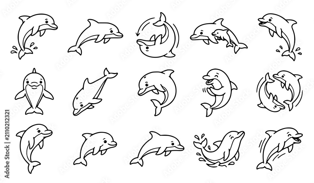 Obraz premium Minimal Black and White Cute Dolphin Line Art Vector Collection with Swimming and Jumping Cartoon Characters