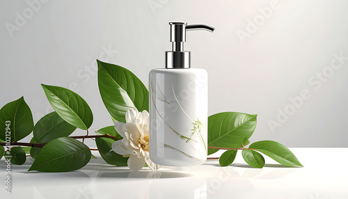 Luxury skincare bottle with elegant floral pattern and green leaves, promoting natural beauty and wellness