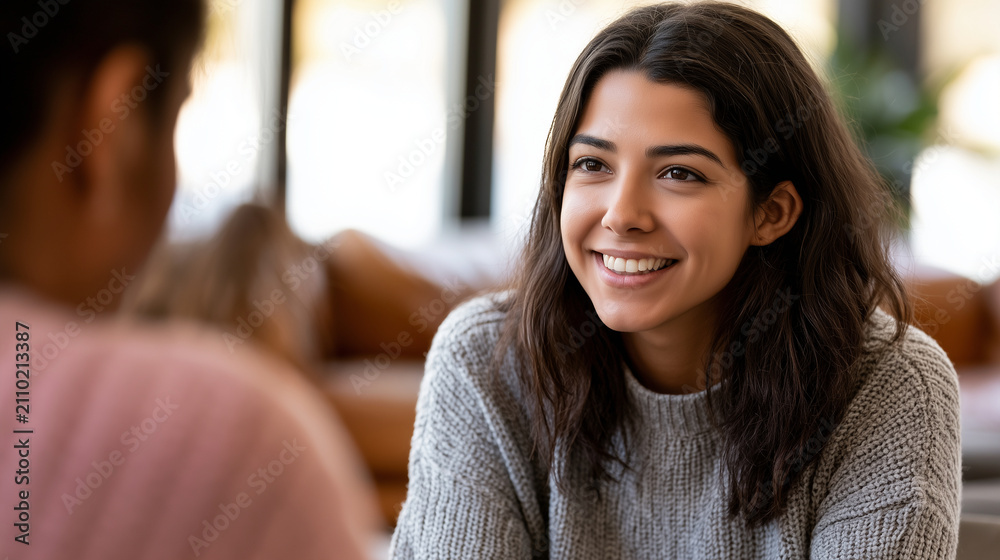 Fototapeta premium An HR specialist conducting a wellness check-in with an employee, medium shot, cozy office corner blurred background, soft natural light, realistic candid photo