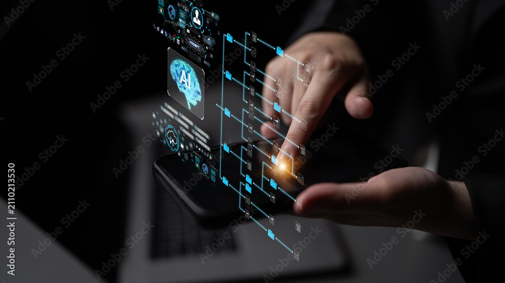 Fototapeta premium Advanced Technology and Artificial Intelligence Concept with Hands and Touchscreen Interface for Innovation and Future Design. Sentient.