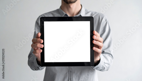 Man in grey shirt holding a tablet with a blank white screen, presenting information or app, mockup template