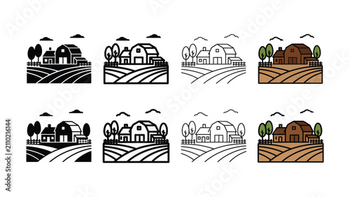 Fotografi Farm landscape variations in black and brown line art with fields and buildings