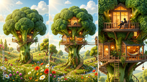 Imagination and Growth Concept: Surreal Treehouse and Miniature Person Inside a Broccoli Floret in a Meadow