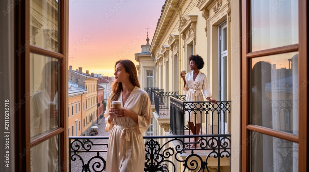 Obraz premium Two women in silk robes enjoy coffee on a European balcony at sunrise. They admire the city skyline view in soft pastel light. One woman looks left, the other right.