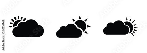 Fotografia Weather icon set with sun and clouds, three distinct filled styles in black on white