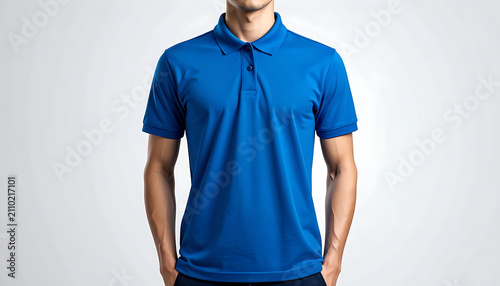 Man wearing a blue polo shirt, front view, short sleeves, collared neckline, casual wear, studio shot