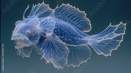 Transparent fish swimming in deep blue ocean, showcasing unique marine species and underwater life