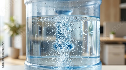 Refreshing air bubbles rising through pure mineral water in a large clear water cooler bottle.