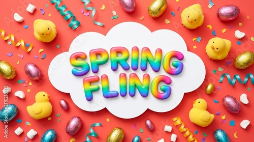Spring Fling Easter party invitation featuring yellow chicks and chocolate eggs.