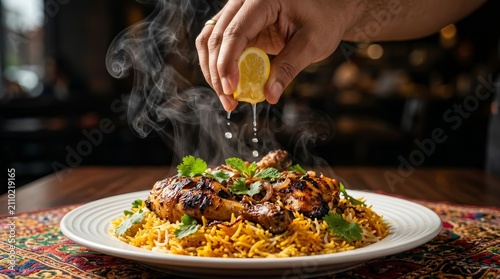 A hand squeezing fresh lemon juice over steaming hot chicken biryani.