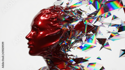 Scultura di testa rossa 3D che si frantuma in frammenti iridescenti