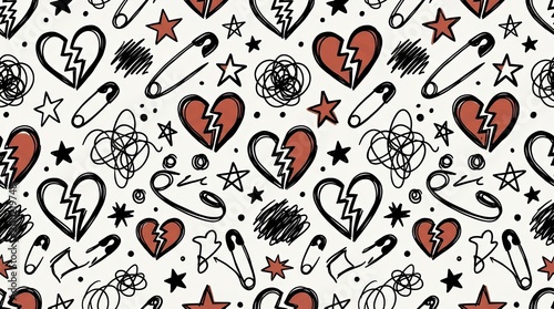 Hand drawn broken hearts and safety pins seamless pattern with emo grunge aesthetic.