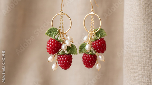 handcrafted raspberry dangle earrings with pearls and gold rings on neutral background