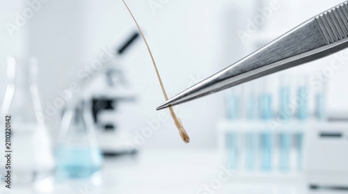 Forensic scientist using tweezers to hold a hair sample for DNA evidence testing in a laboratory.