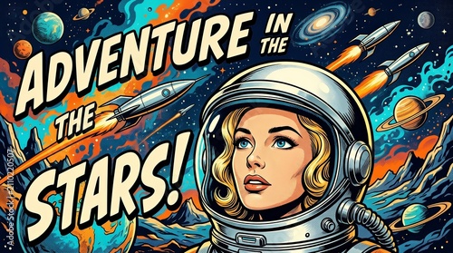 Vintage 1950s pulp sci-fi comic book cover art featuring a woman astronaut and rockets.