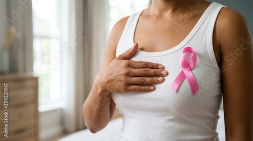 An unrecognizable woman wearing a white shirt with a pink ribbon symbol performing a breast self-examination.