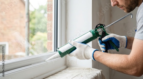 A worker in gloves uses a caulking gun to apply sealant to a white window frame.