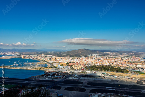 Scenic view of Gibraltar harbor from the Rock of Gibraltar. Port of Gibraltar.