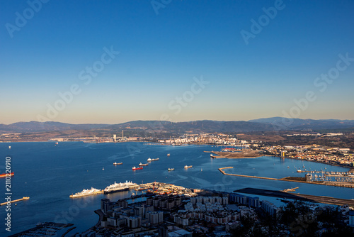 Scenic view of Gibraltar harbor from the Rock of Gibraltar. Port of Gibraltar.