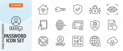 Set of 15 security and password icons, thin line style, vector illustration, digital protection, cyber security, biometric authentication, data privacy, internet safety