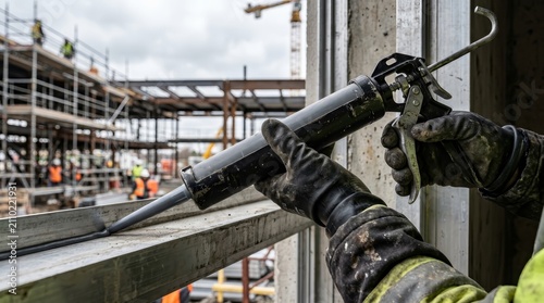 Construction worker applying sealant with a caulking gun to a commercial building window frame.