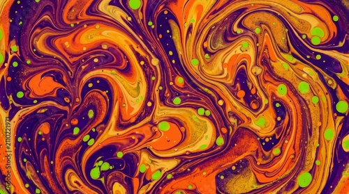 Avant-garde marbled paper texture with bold purple and orange colors.