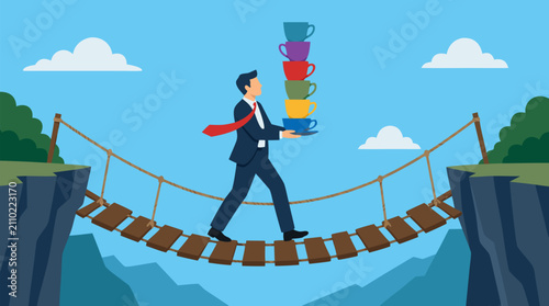Confident businessman carefully balancing tall stack of colorful teacups while crossing dangerous swaying rope bridge high above mountain canyon symbolizing risk management and multitasking vector art