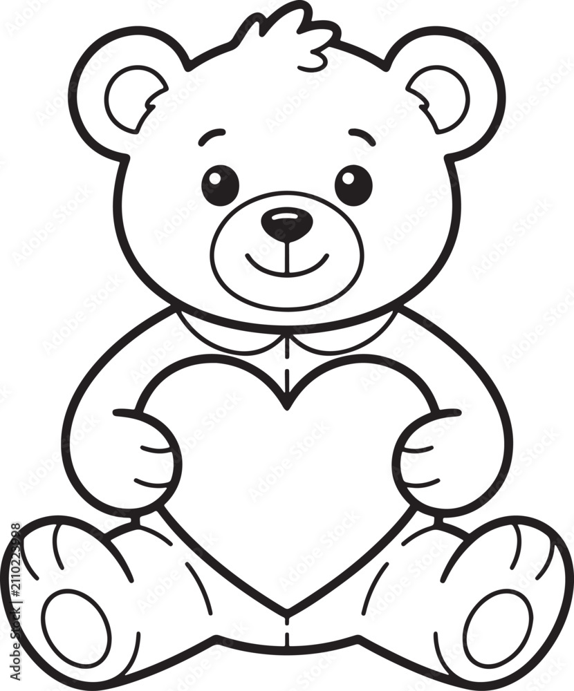 Obraz premium Black and white line of a cute teddy bear sitting and holding a large heart, isolated on a white background, coloring page style