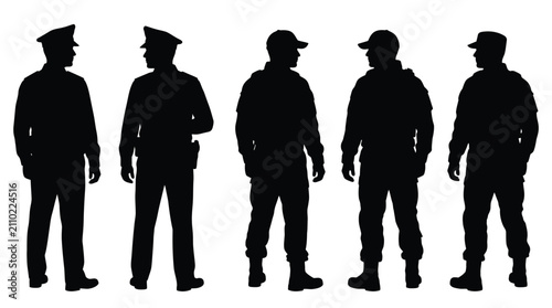 Five black silhouettes of police officers wearing uniforms and caps standing in a straight horizontal row
