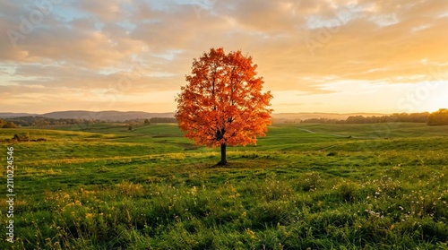 A lone orange autumn tree stands in a green meadow beneath a glowing sunset sky, ideal for seasonal travel, nature conservation, and rural tourism promotions.