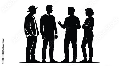 A group of four diverse people standing together and having a friendly conversation in silhouette