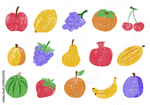 Set of colorful fruits hand drawn with crayon or oil pastel. Summer fruits with scribble texture. Drawings in a childish style. Vector illustration isolated on white