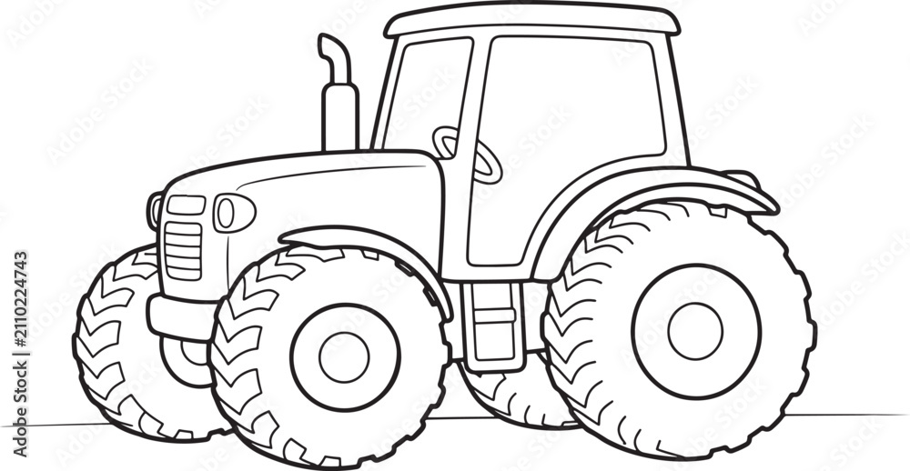 Obraz premium Black and white line of a farm tractor with large treaded tires, a cabin, and an exhaust pipe, isolated on a white background, for coloring pages