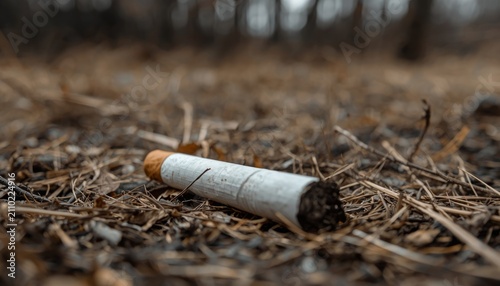 Discarded cigarette butt smolders on dry forest ground, creating a potential wildfire hazard. Concepts: fire prevention, environmental responsibility, drought, pollution, climate risk.