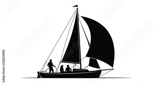 Detailed black silhouette of a sailboat with three people on board against a white background