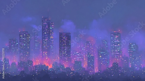 Vibrant urban skyline at night with gleaming lights and hazy atmosphere creating a dreamy cityscape