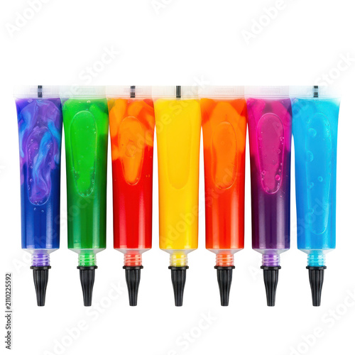 Set of seven colorful glitter glue tubes isolated on transparent background