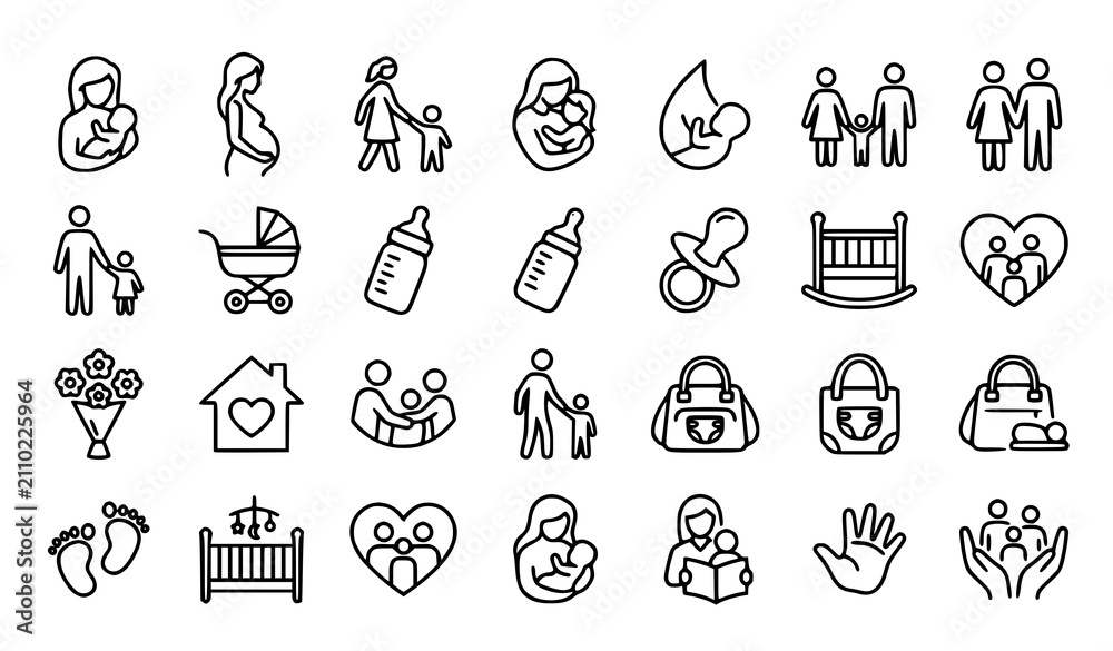 Fototapeta premium Mother Line Icons Vector Set with Motherhood Parenting and Family Symbols