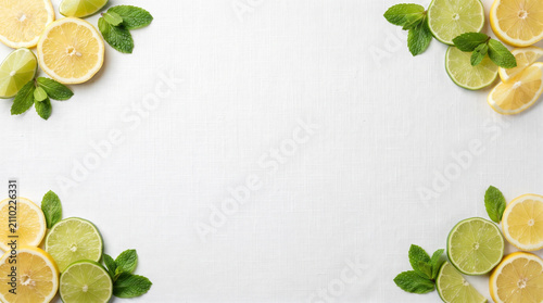 Citrus Zest Border: A vibrant arrangement of fresh lemon and lime slices, adorned with sprigs of mint, creates a refreshing border perfect for culinary or health-themed designs.