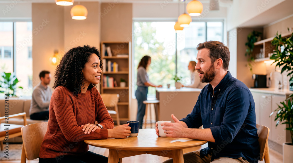Fototapeta premium Colleagues Connect: A warm and inviting modern office breakroom where two colleagues engage in a friendly conversation over coffee, fostering connection and collaboration in a relaxed atmosphere.