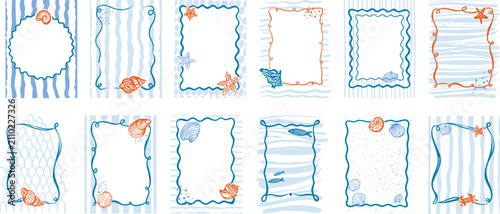 Collection of coastal decorative frames with shells starfish and striped nautical backgrounds