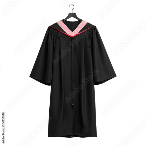 Black graduation gown with pink and red academic stole hanging on a hanger isolated on transparent background