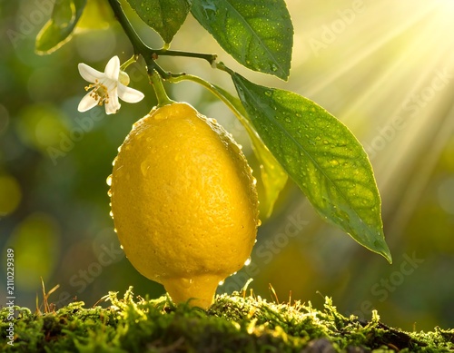 Ripe yellow lemon hanging on green tree branch.
