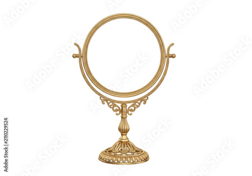 Vintage gold vanity mirror with an ornate stand isolated on transparent background