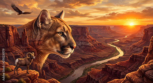 Majestic mountain lion double exposure portrait over scenic desert canyon landscape with winding river golden sunset bighorn sheep and soaring eagle