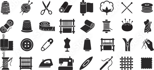 Essential black silhouette vector icon set for sewing, tailoring, knitting, and textile handicraft projects.