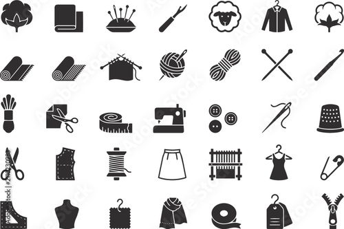 Professional black silhouette vector icon set of sewing, tailoring, knitting, and handicraft elements are ideal for fashion branding, tailoring websites, and craft graphics.