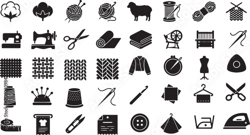 Comprehensive black silhouette vector icon set of sewing, knitting, tailoring, and textile handicraft elements.